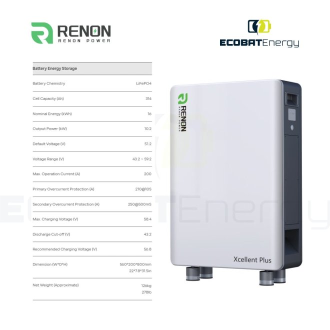 Acumulator Renon Lifepo4 Xcellent Plus 16 kWh 51.2V-314Ah IP65 Cu Incalzire